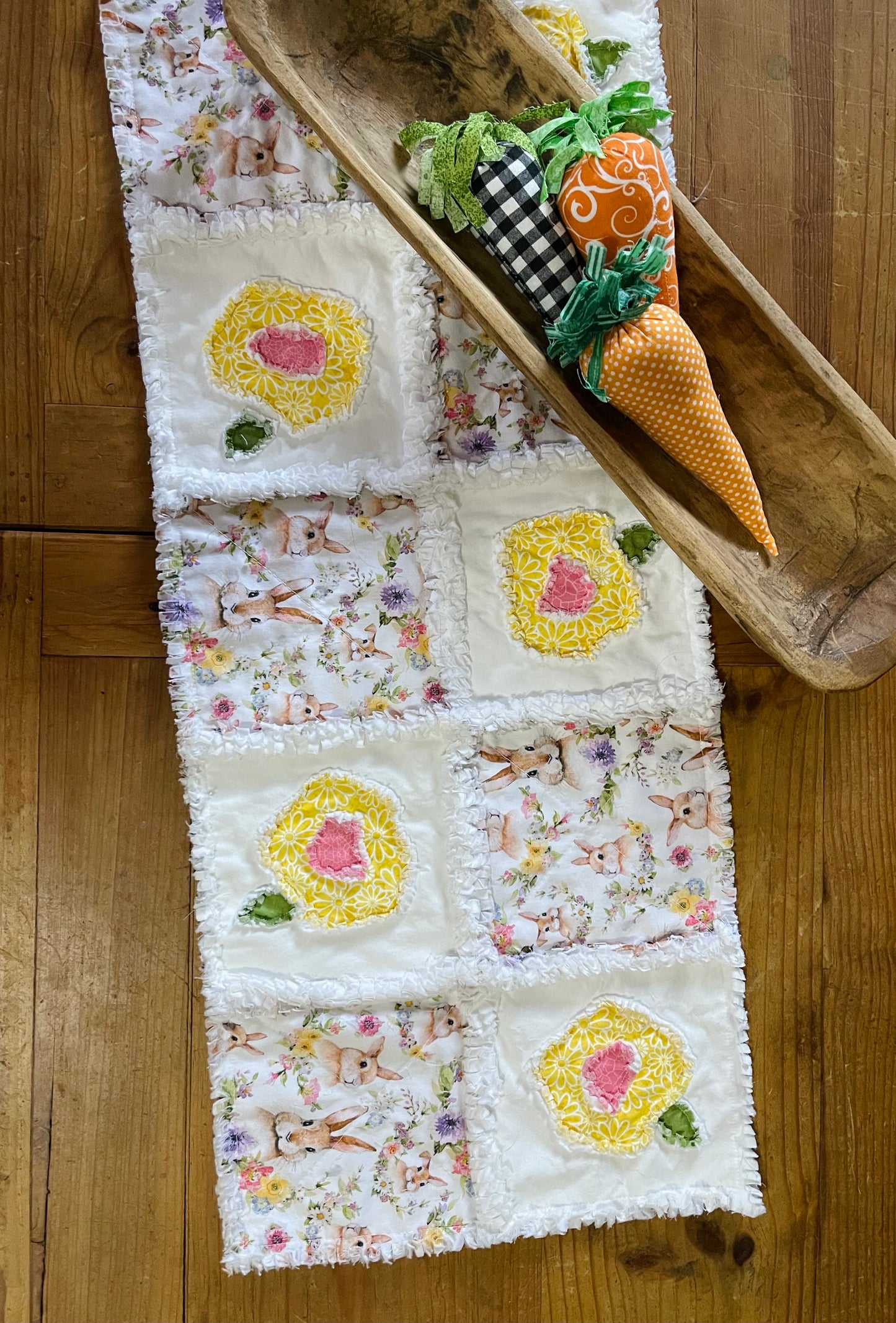 Easter rag style flower appliqué table runner bunny