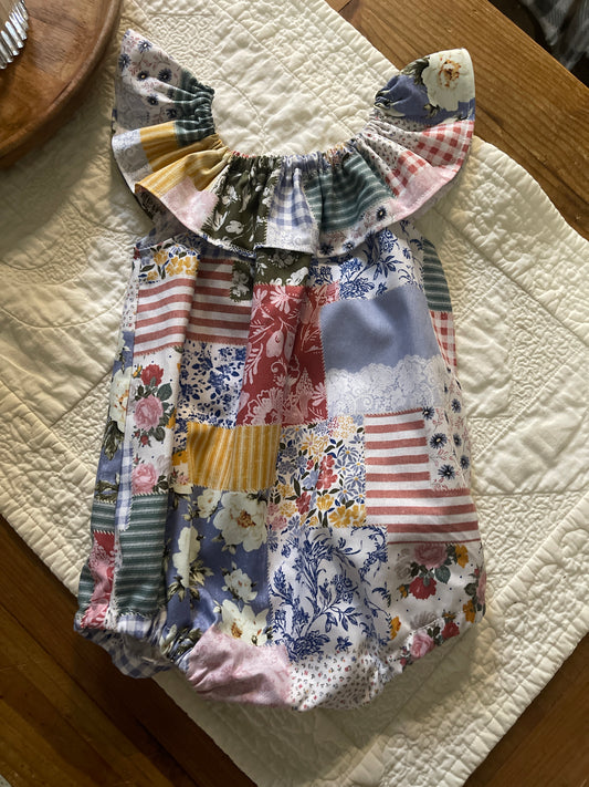 Vintage colored floral quilt  romper flutter sleeve girl toddler